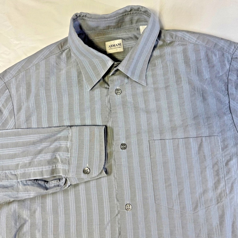ARMANI‎ COLLEZIONI Mens Shirt Size Medium Blue Gray Stripe 100% Cotton